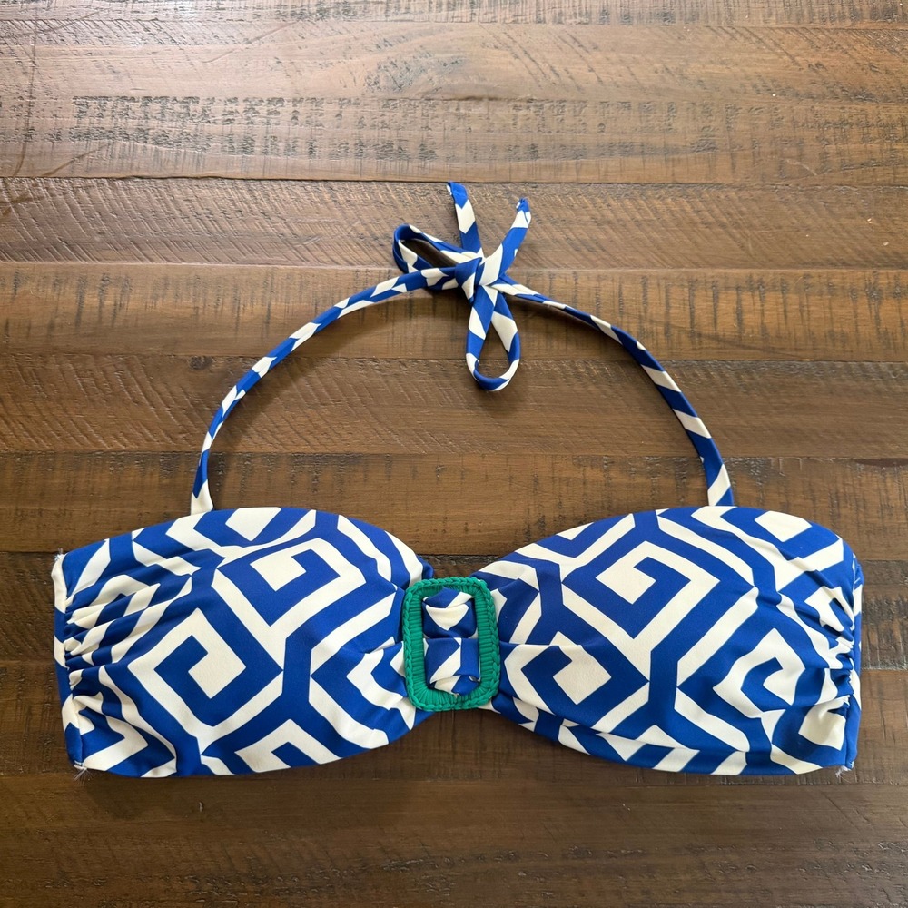 Boden Geometric Greek Key Bandeau Bikini Swim Top Blue‎ White Womens Size 14